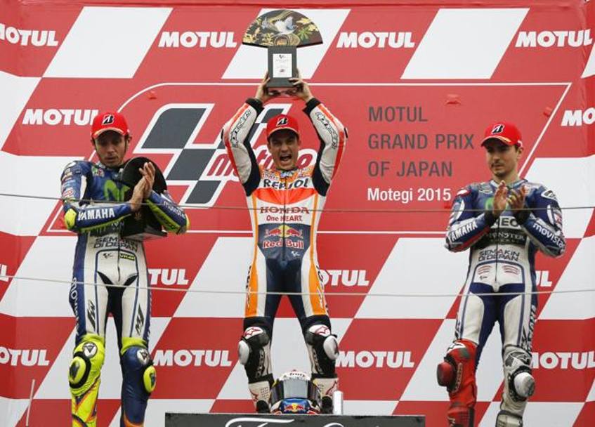 Il podio di Motegi con il vincitore Pedrosa, fra Rossi (2) e Lorenzo (3). Reuters